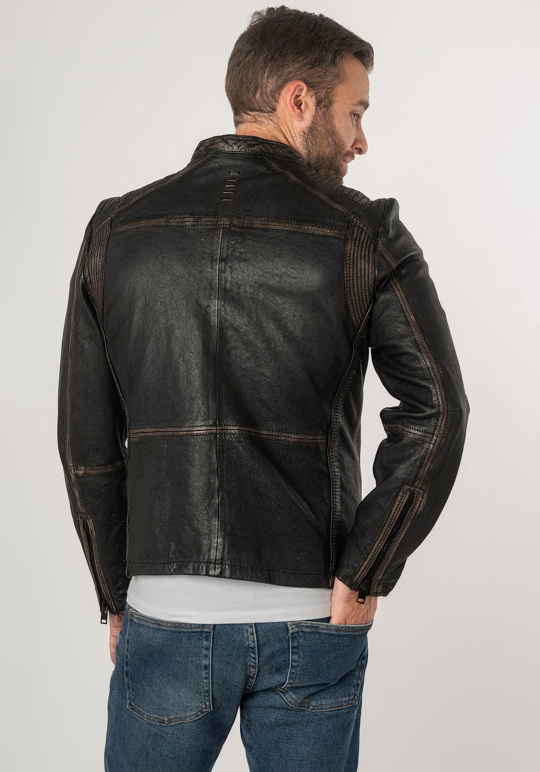 Mauritius Lederjacke »2Mgoji SF« mit markanten Ziernähten, Ziersteppung, Antik-Optik, Reissverschluss