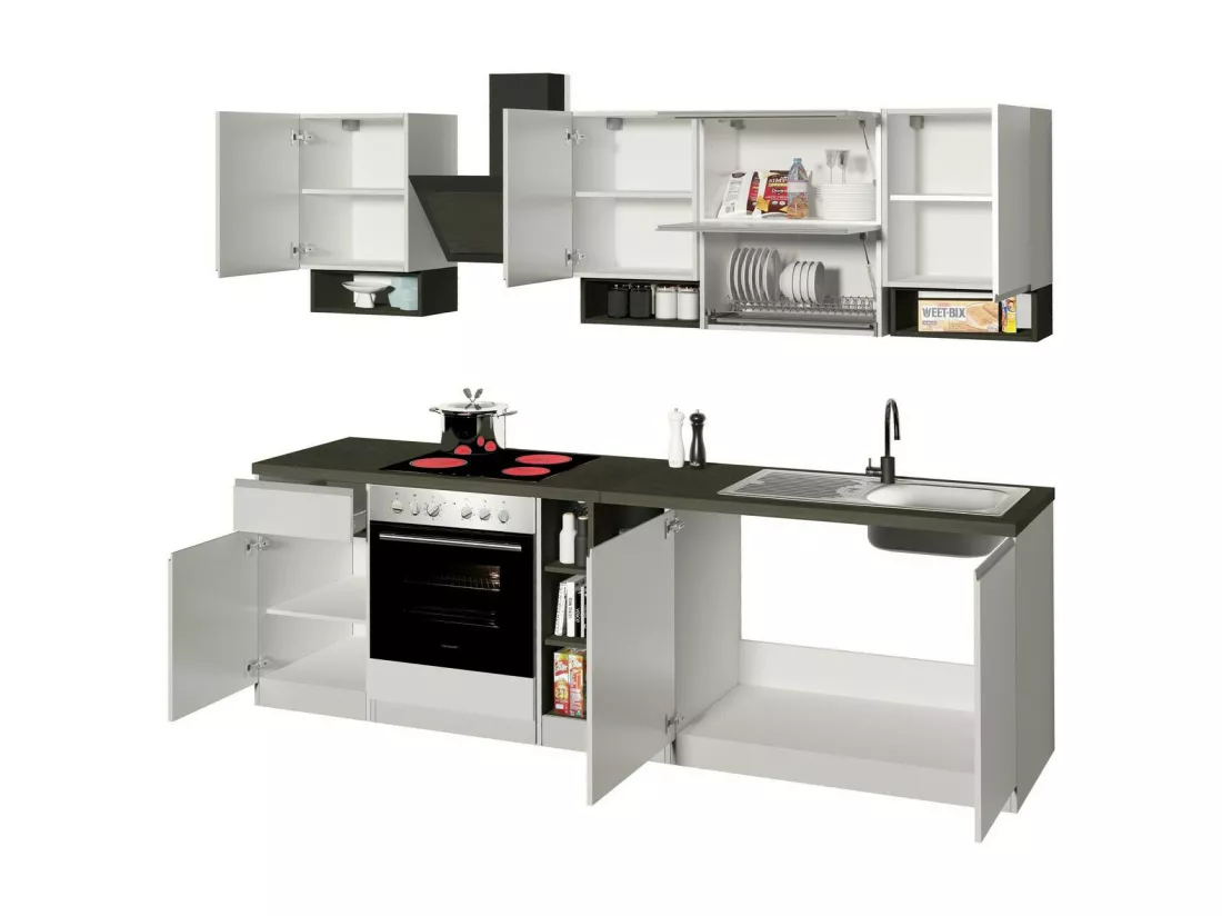 Cuisine complète Dceccaron, Ensemble avec garde-manger, Meuble de kitchenette, Kit bloc linéaire, 100% Made in Italy, 255x60h85 cm, Blanc brillant et ardoise
