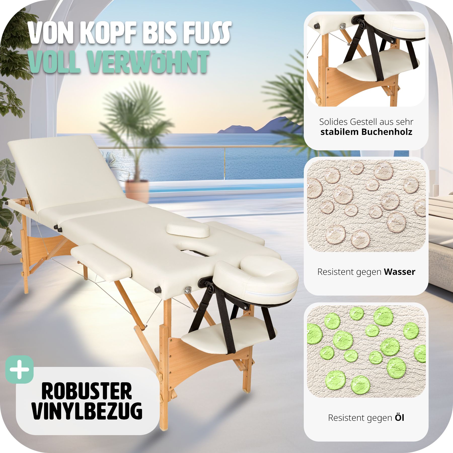 tectake® 3 Zonen Massageliege, mit Holzgestell, verstellbare Ablagen für Kopf und Arme, 210 x 95 x 62 - 84 cm