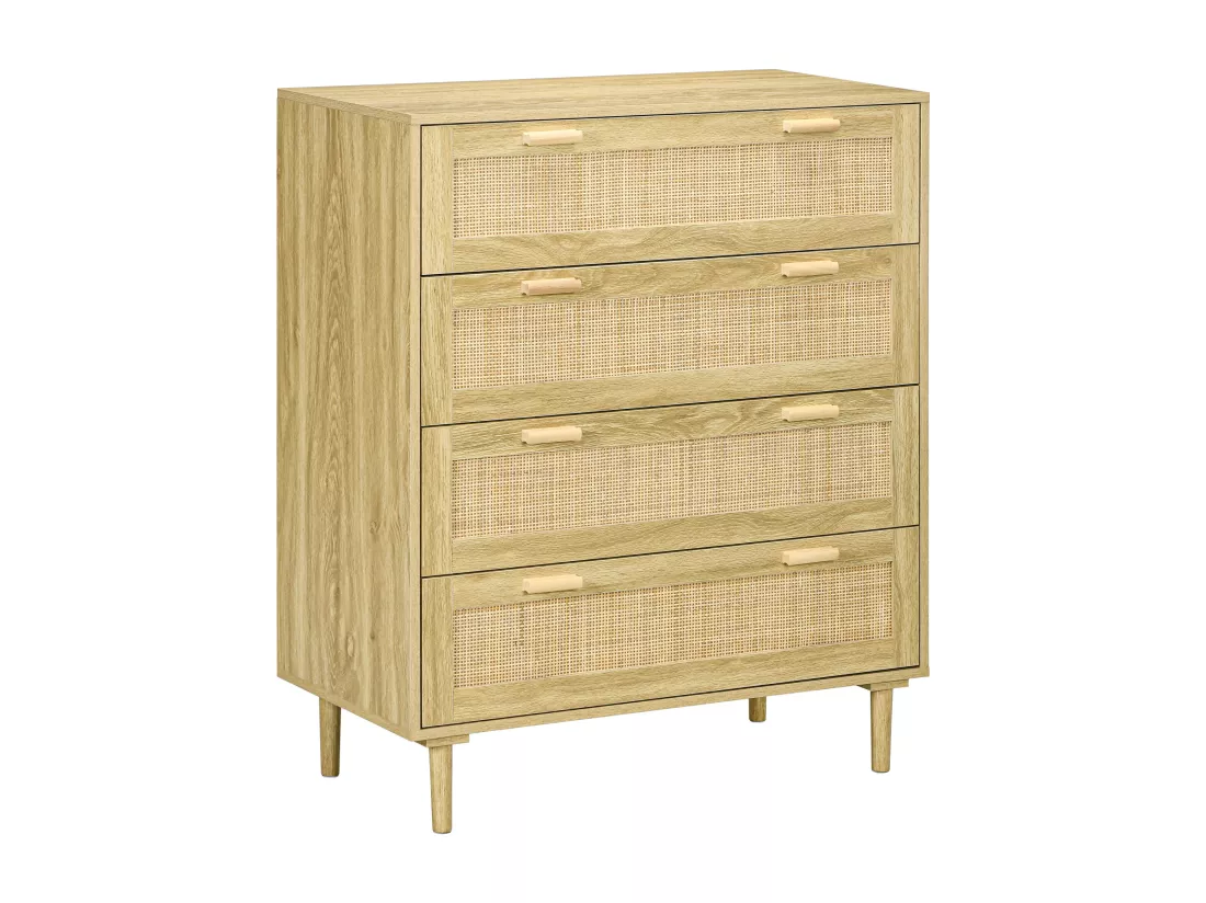 Commode 4 tiroirs style bohème chic - dim. 90L x 45l x 108,5H cm - façades tiroirs cannage rotin aspect chêne clair