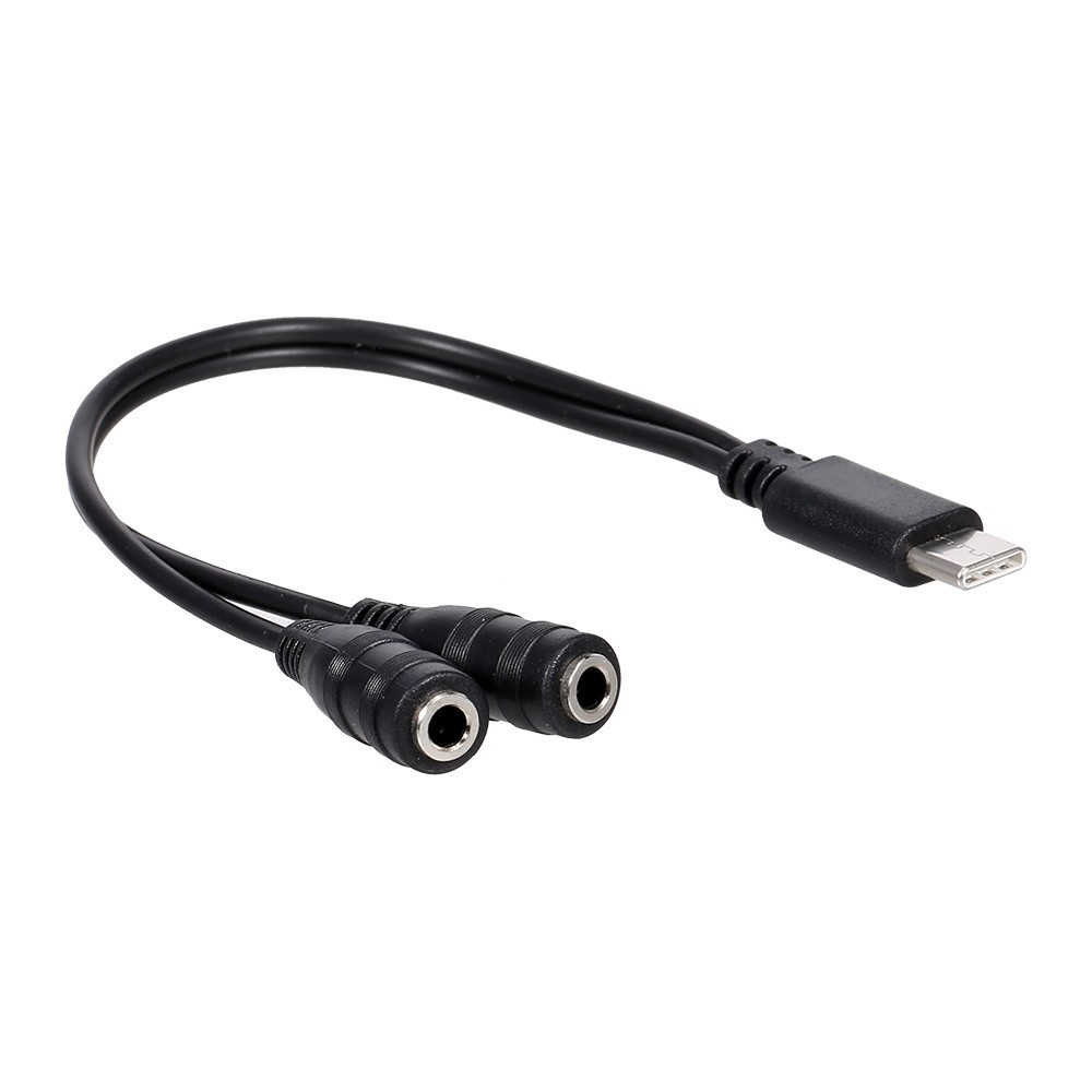 (10cm) USB C Y-Splitter 2x 3.5mm Klinke Audio Stecker Stereo AUX Kabel - Schwarz