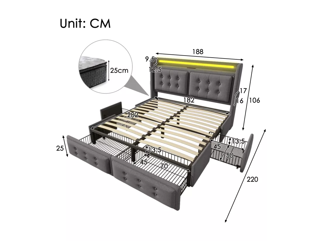 Lit adulte 180x200cm en tissu lin - avec LED et Ports de recharge - 4 tiroirs - Gris