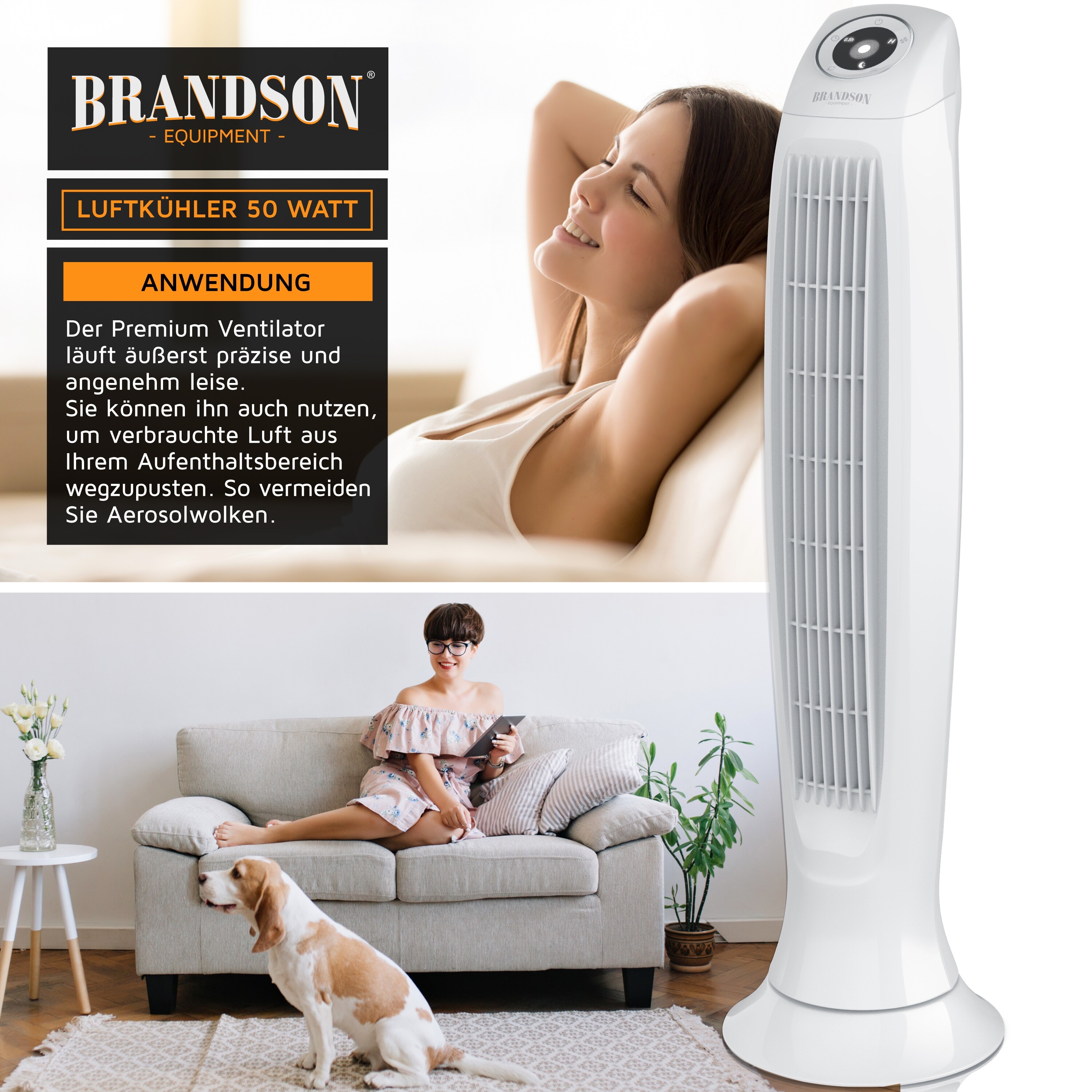 Brandson Turmventilator DC mit 9 Geschwindigkeitsstufen, Standventilor leise mit Fernbedienung, Säulenventilator mit Oszillation, Ventilator