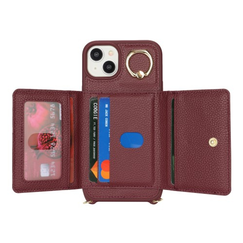 iPhone 14 / iPhone 13 Necklace Leder Hülle mit Münzfach und Kartenfächer   Finger Griff Halterung   Handykette - Weinrot