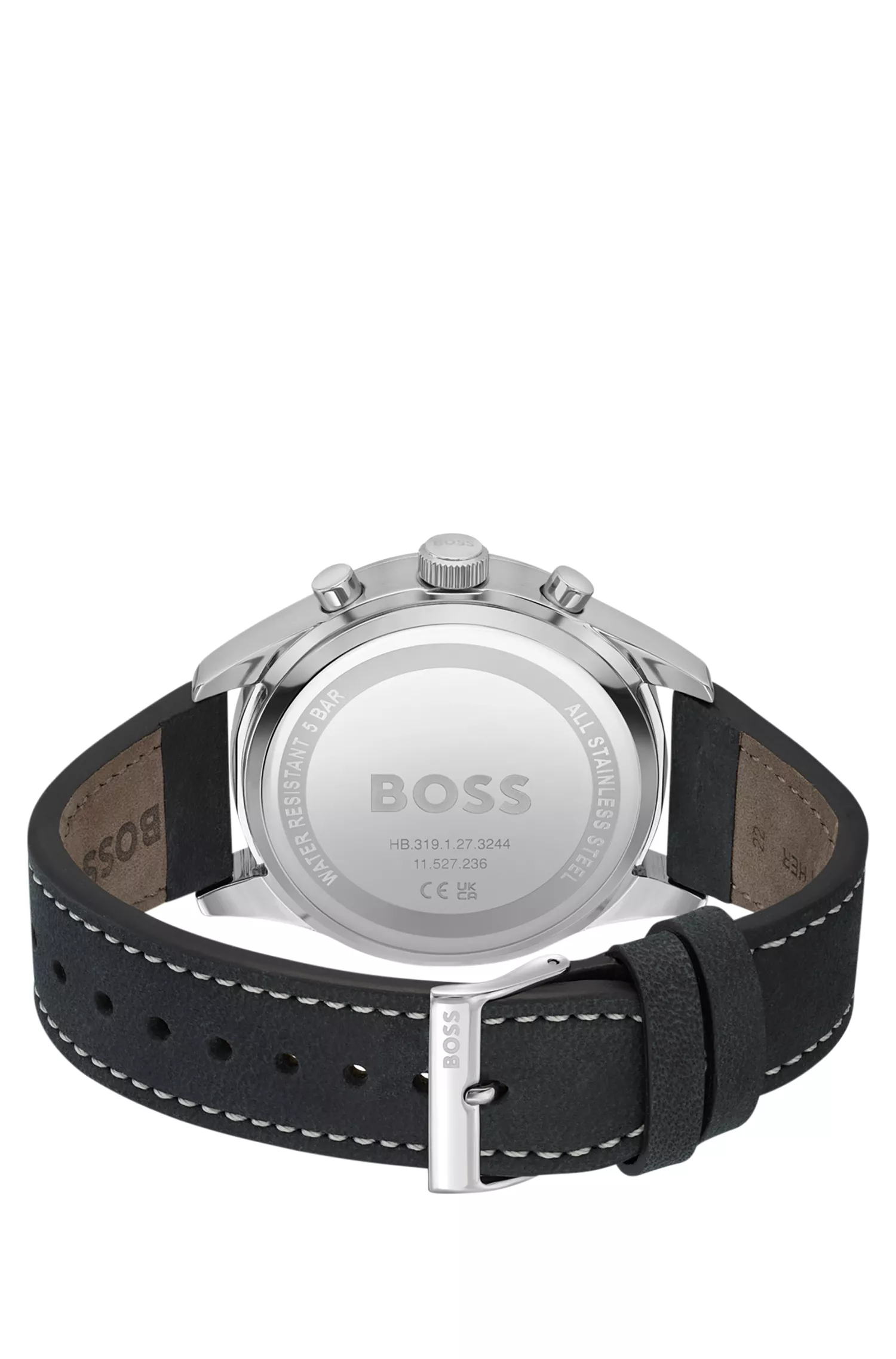 Relógio cronógrafo BOSS com pulseira de couro preta e mostrador jateado.