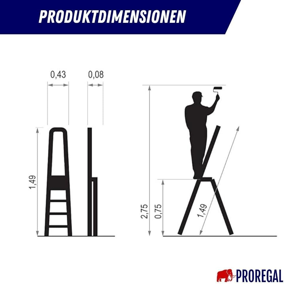 PROREGAL Economy Basic Trapladder, Gemaakt van hoogwaardig staal, Enkelzijdig toegankelijk, 4 treden, Werkhoogte 2,75 m, Draagvermogen 125 kg, Zwart