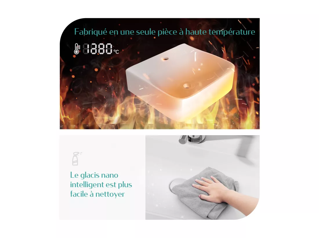 EMKE Vasque à Poser en céramique 61×47,5×14cm, Lavabo rectangulaire avec robinet trou prépercé, Lavabo à poser blanc brillant