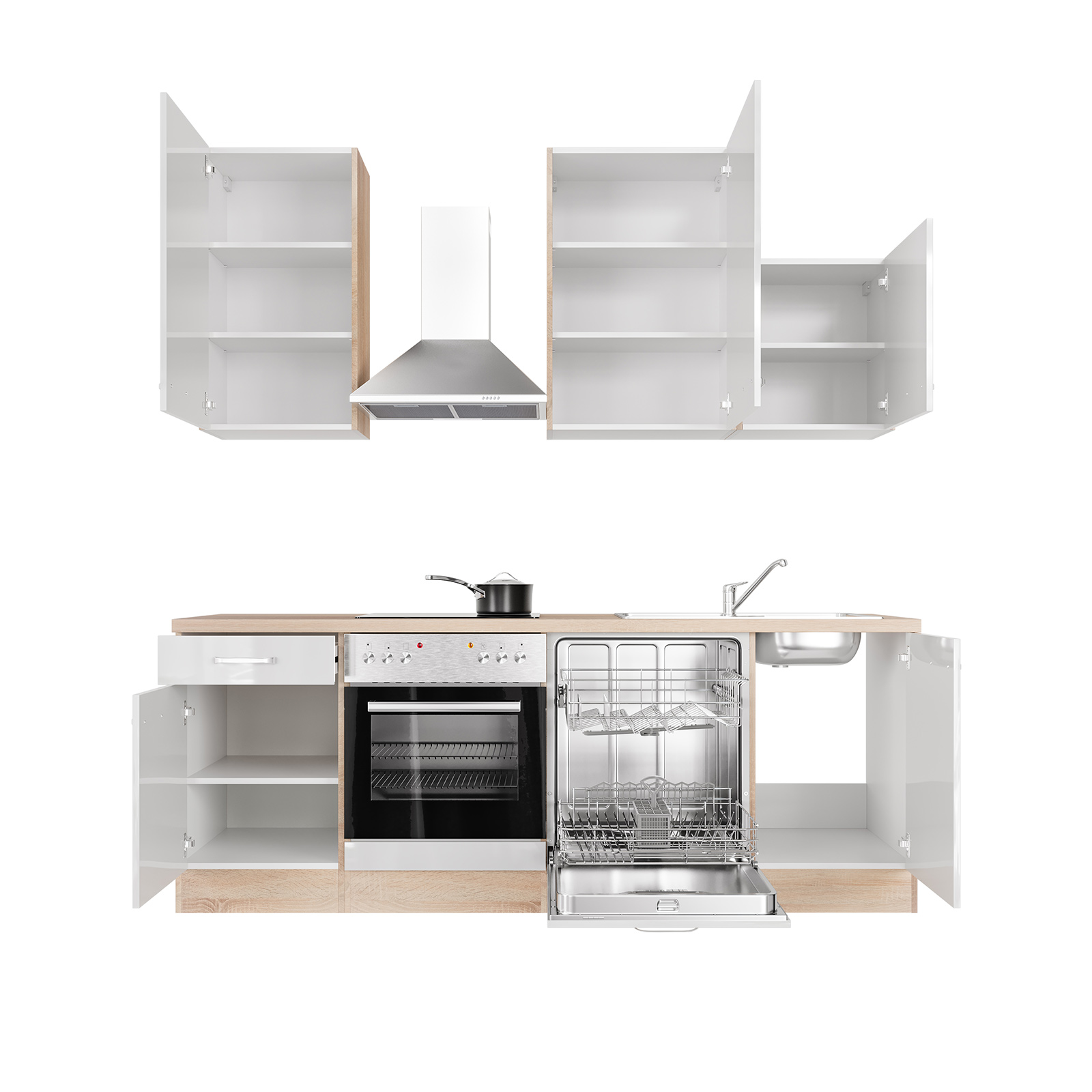 Küchenblock VALERO - Sonoma Eiche-weiß Hochglanz - mit E-Geräten - 220 cm