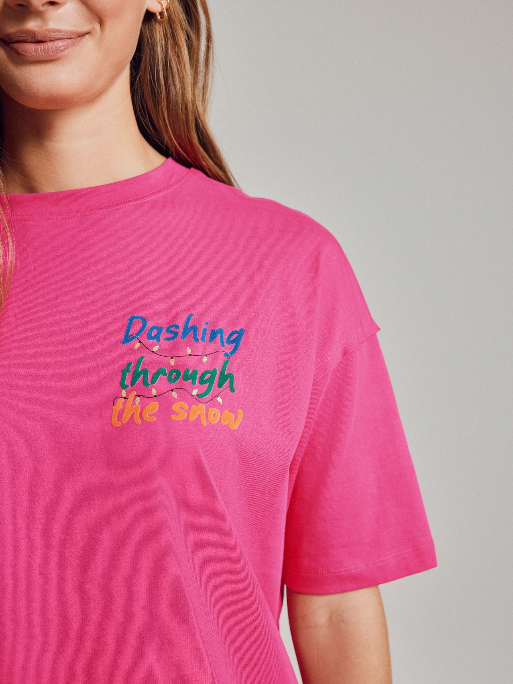 Roze - Feestelijk Kerstmis T-shirt met Korte mouwen, lovertjes en luipaardprint
