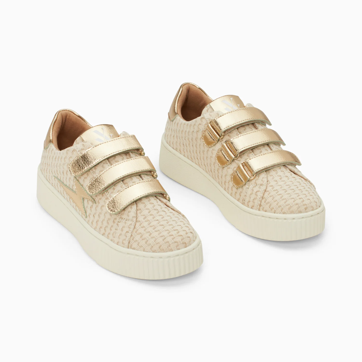 Sneakers-Baskets éclair Louise beige et or à scratchs