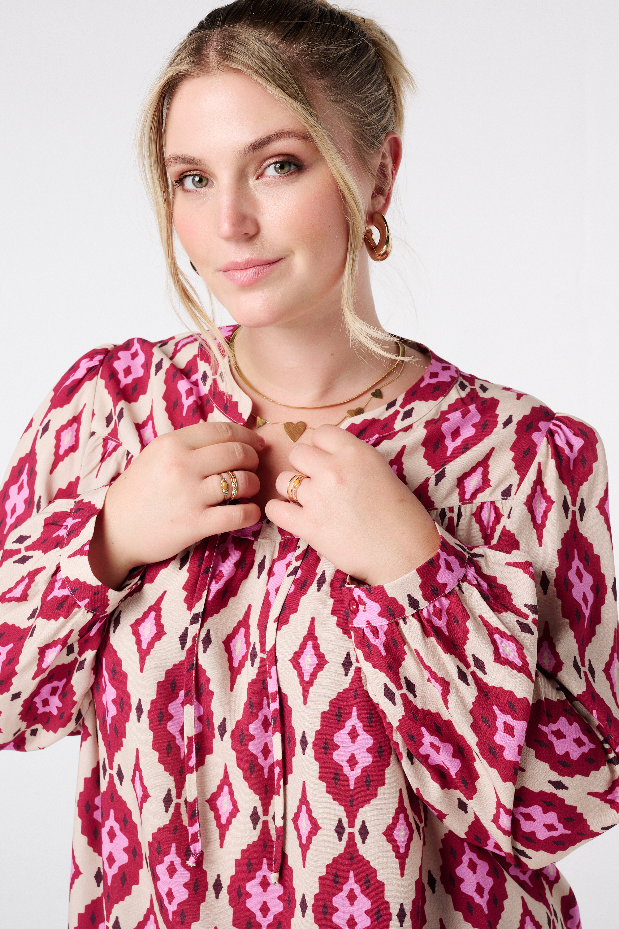 Blouse met print en klosjes Multi Bessen rood