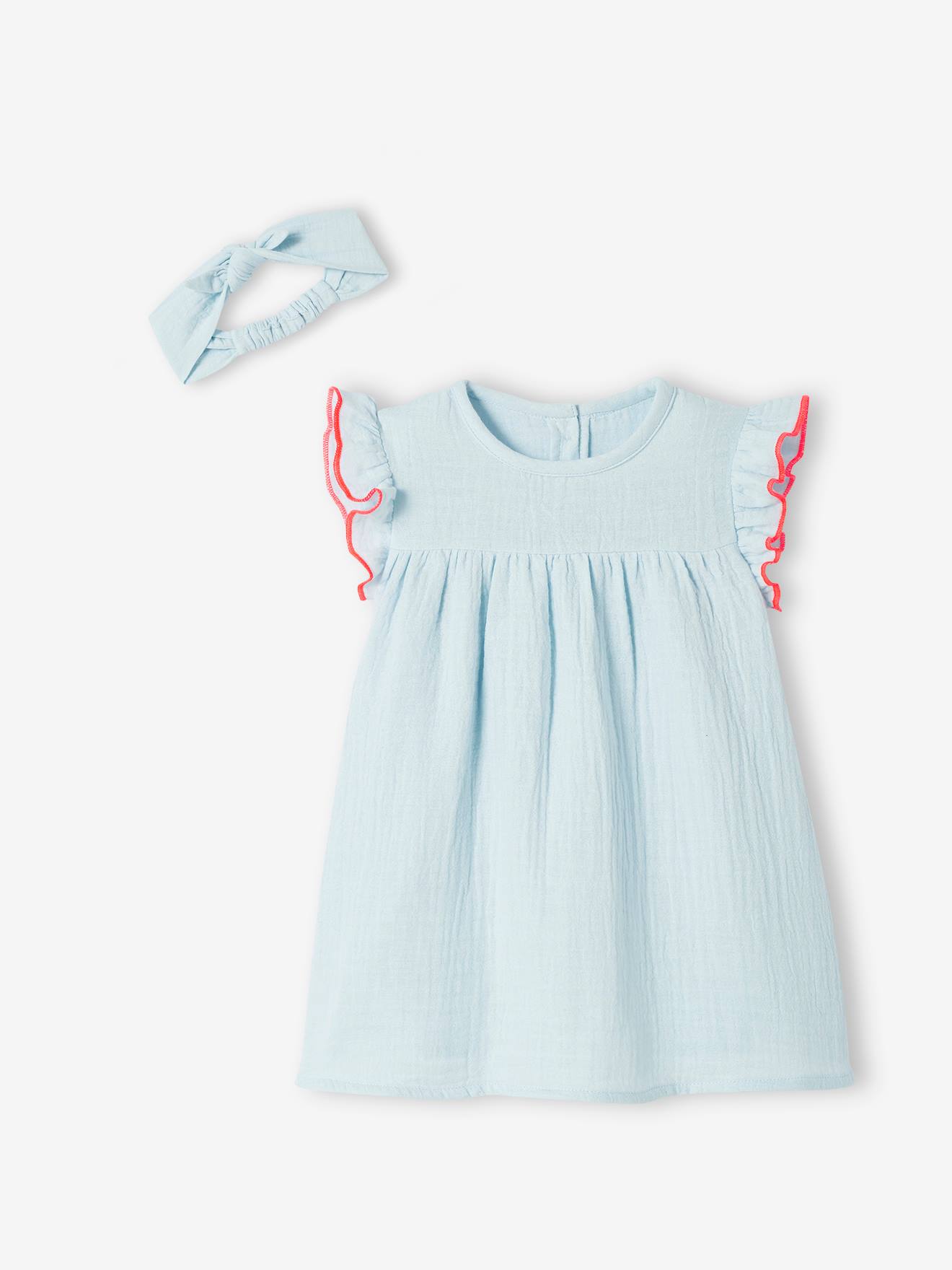 Vestido de bebê com faixa de cabelo em formato de laço azul claro