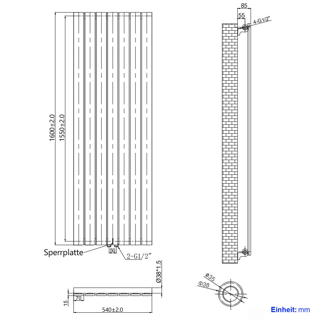 EMKE Designradiator, Badkamerradiator, Vlakke Paneelradiator, Verticaal, Enkellaags, Middenaansluiting, 160x54cm, 991W, Wit