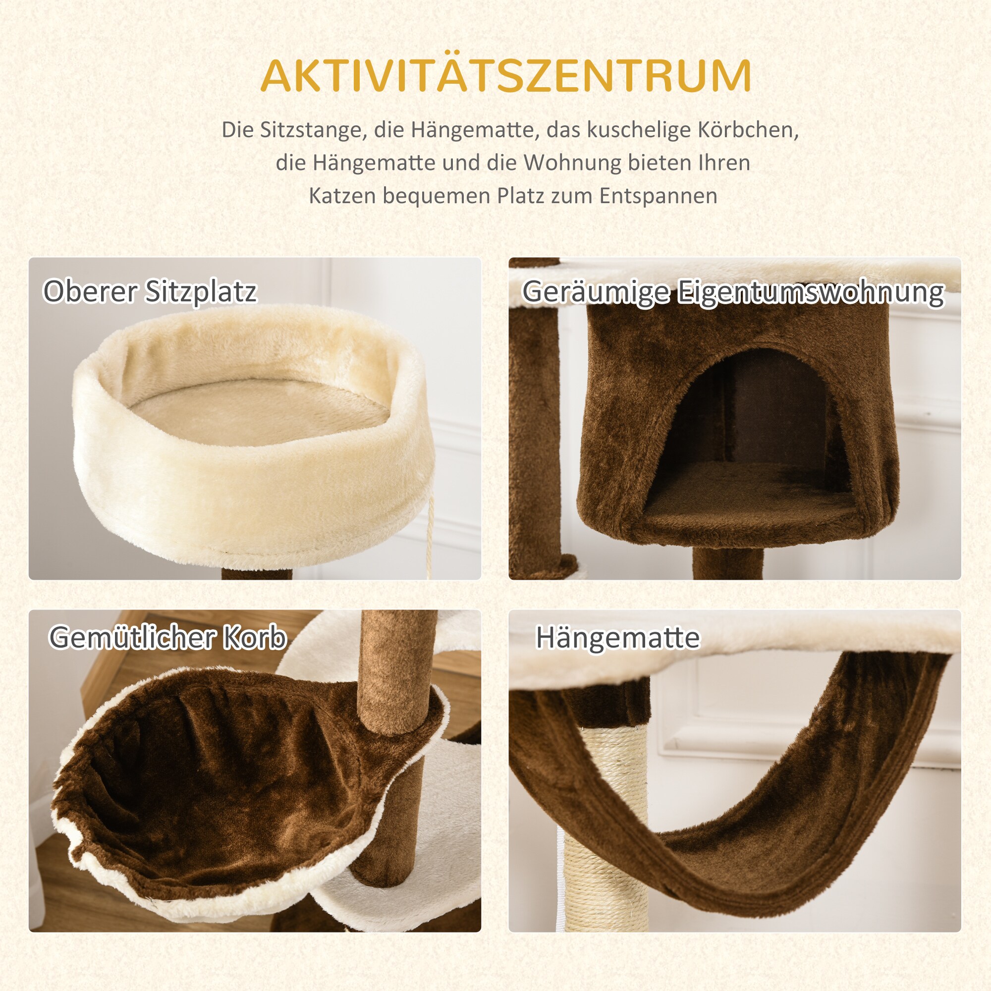 PawHut Katzenbaum mit Sisalsäulen cremeweiß, kaffeebraun 65 x 50 x 153 cm (LxBxH)