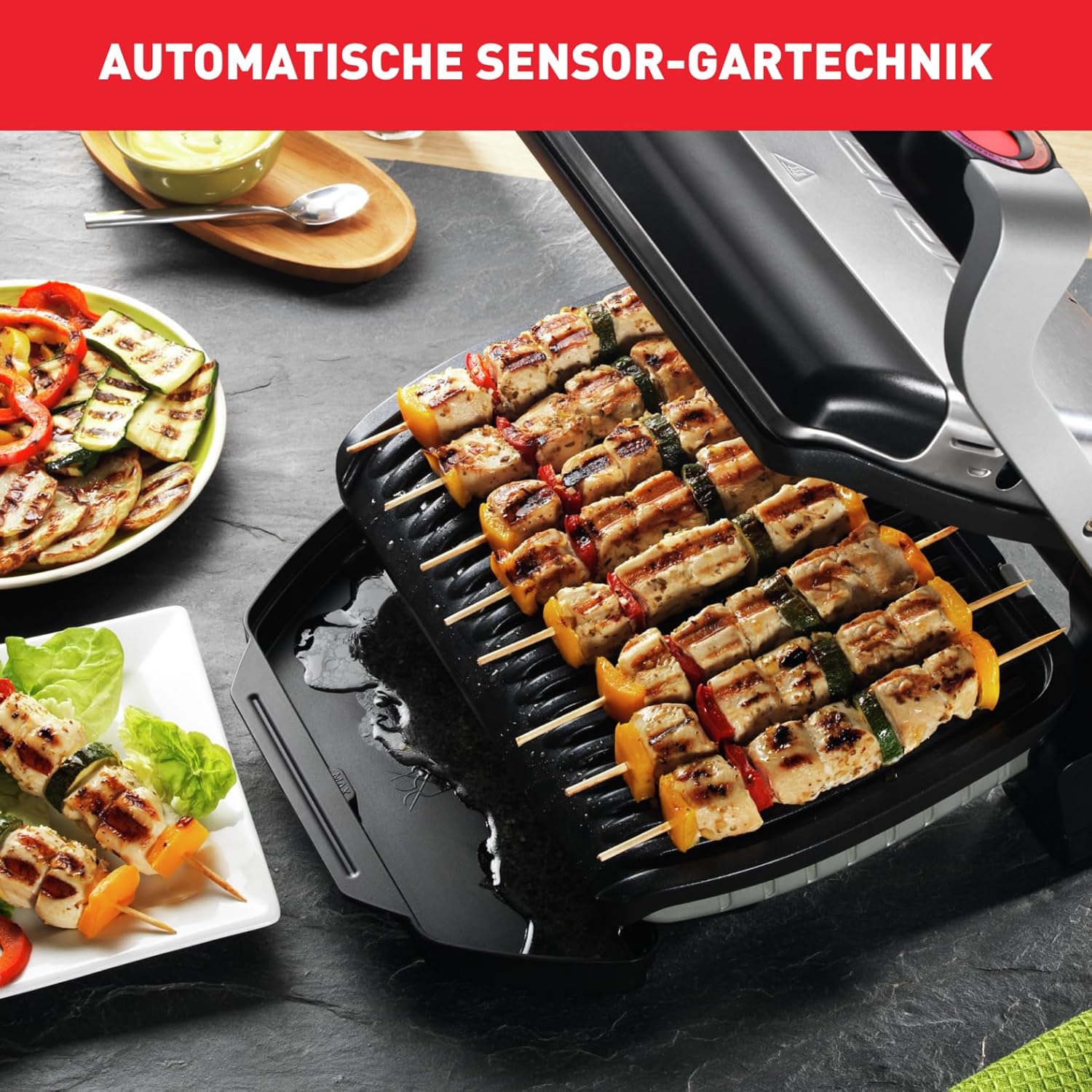 Tefal OptiGrill Kontaktgrill, 6 automatische Programme, Garstufenanzeige, passt Temperatur und Grillzyklus ans Grillgut an, antihaftbeschichtete abnehmbare Platten, Elektrogrill, Edelstahl, GC705D16