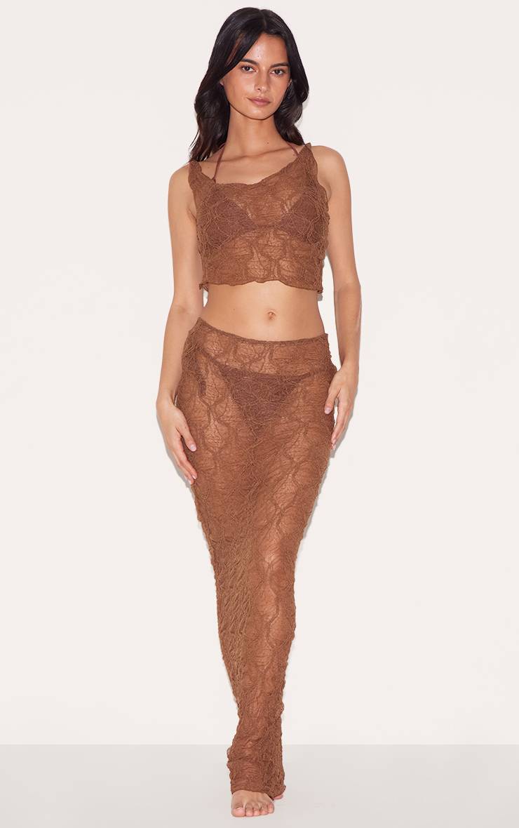 Chocolat Haut De Plage Asymétrique En Mesh Texturé Avec Détail Noué