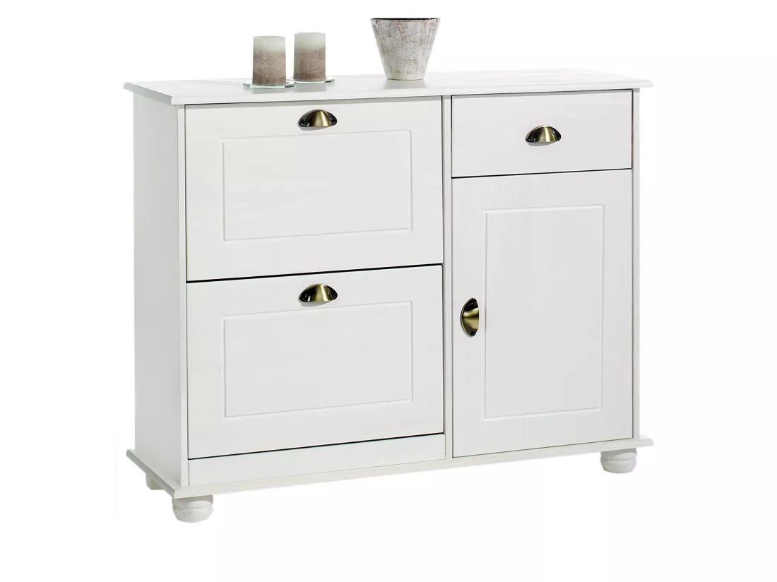 Meuble à chaussures COLMAR armoire rangement avec 2 abattants 1 tiroir et 1 porte avec 1 étagère, en pin massif lasuré blanc