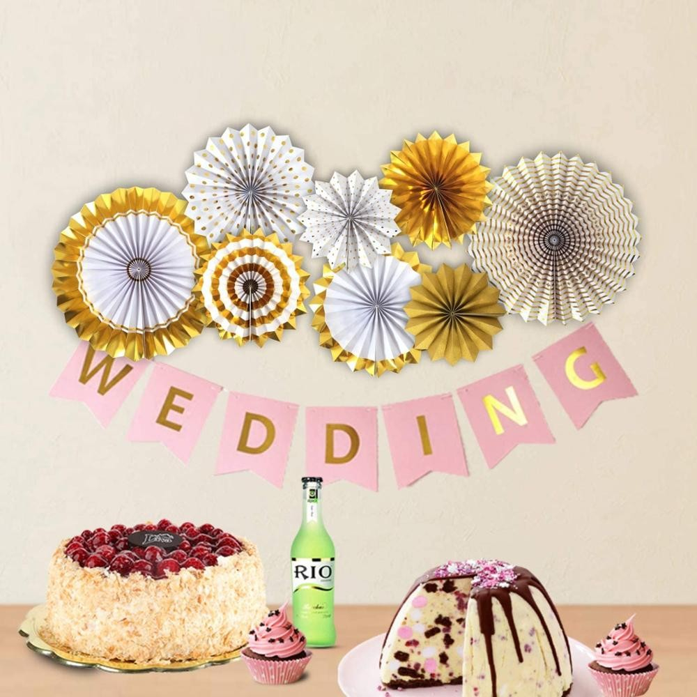 (8er Set) Papier Fächer Deko Rosetten Party / Geburtstag / Hochzeit - Gold / Weiss