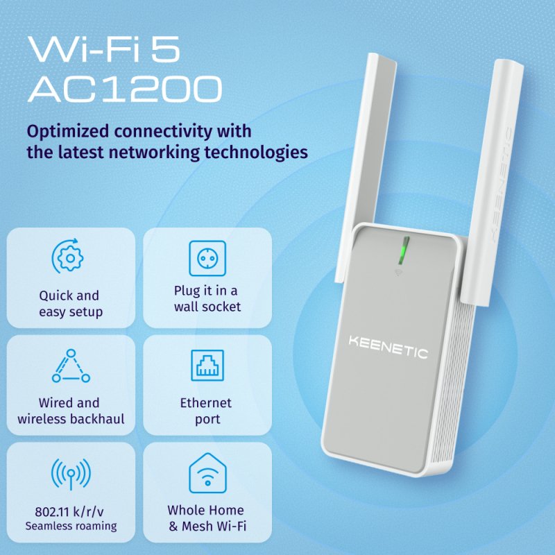 Keenetic Buddy 5 (KN-3311) Amplificateur de la portée du Wi-Fi 5 maillé AC1200 avec port Ethernet