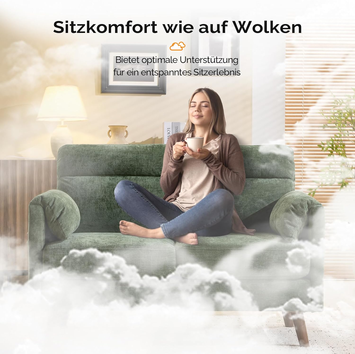 Bonnlo Sofa 2 Sitzer klein, 125cm Couch mini, Kleine Stoffcouch mit weichen Armlehnen, Kleines Sofa für Büro, Wohnzimmer, Schlafzimmer und Arbeitszimmer,Einfache Montage, Leinen (Grün)