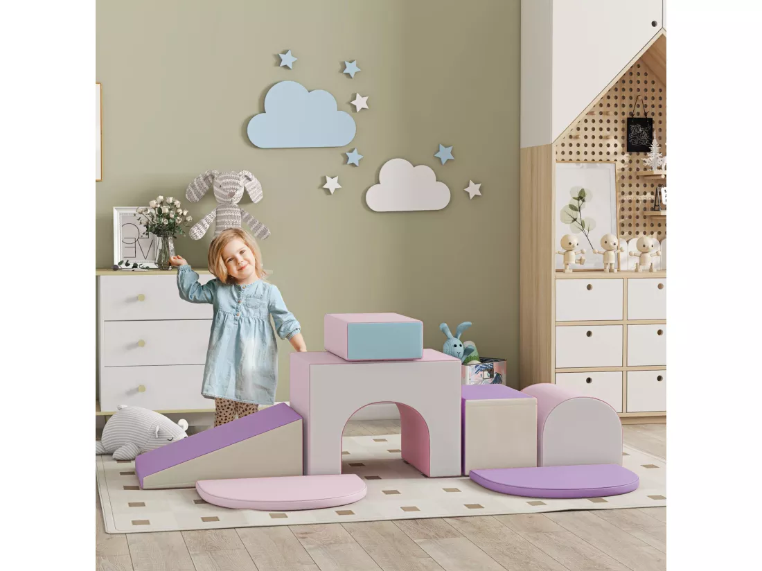 7 blocs de construction en mousse XL - modules de motricité - normes EN71-1-2-3 - mousse EPE revêtement PU mauve rose
