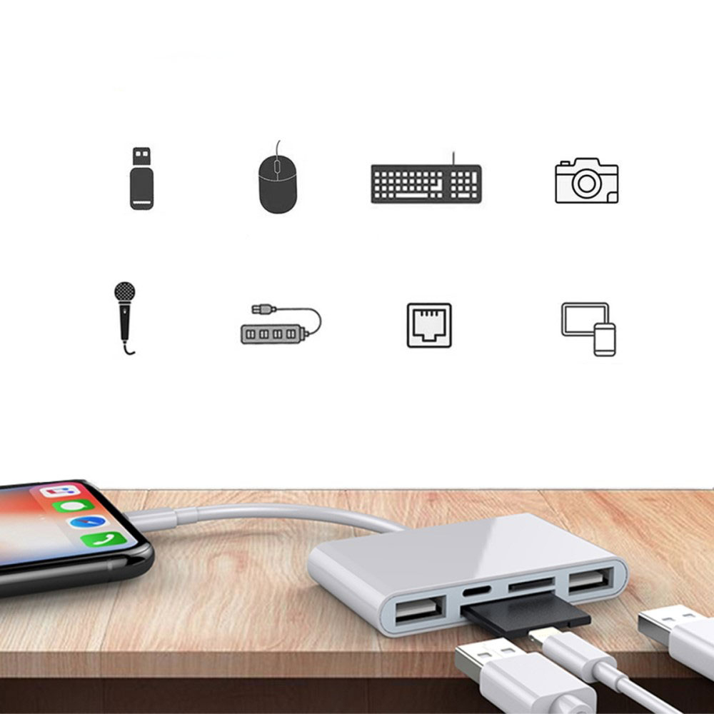 (10cm) Lightning auf SD / Micro SD Kartenlesegerät / Dual USB A / Lightning Lade Adapter für Apple iPhone / iPad - Weiss