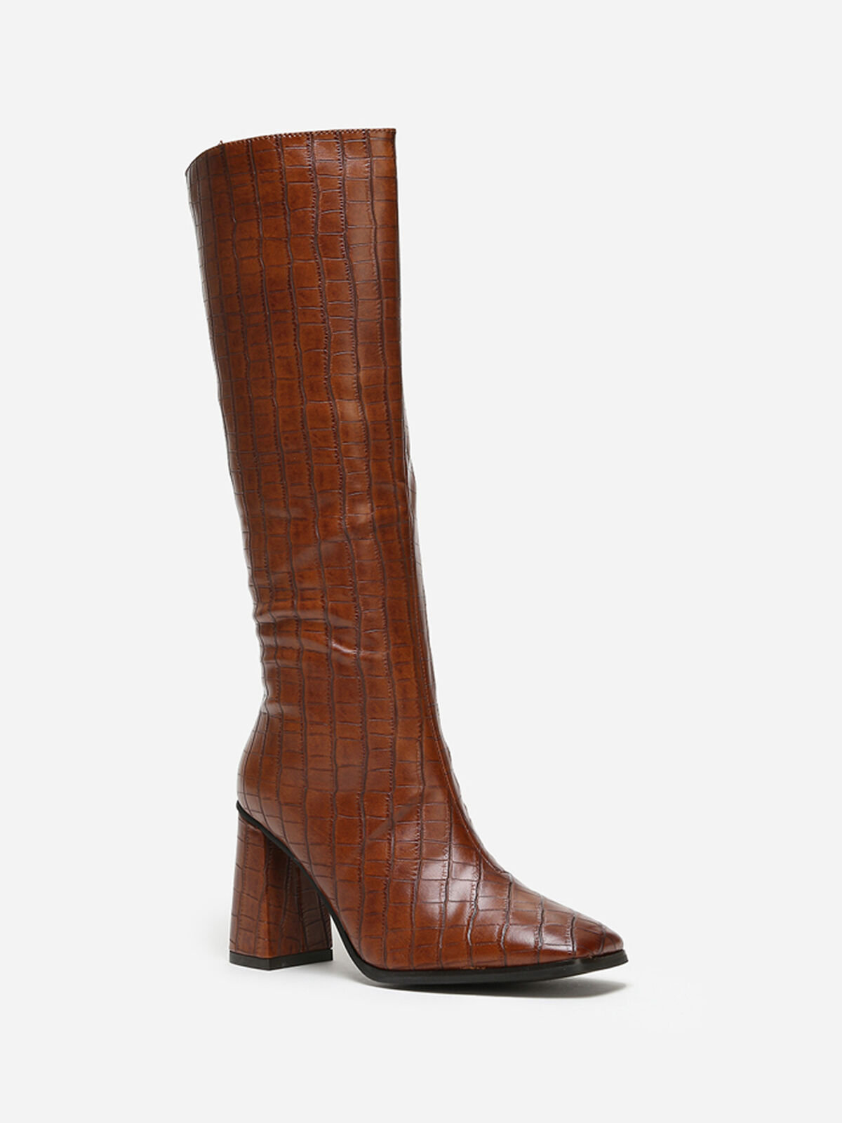 Bottes effet croco à bout carré- Marron