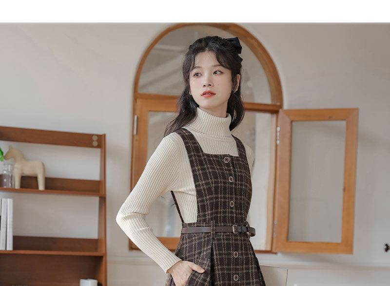 sansweet - Set: Mock Neck Plain Sweater + Plaid Overall Midi A-lijn Jurk