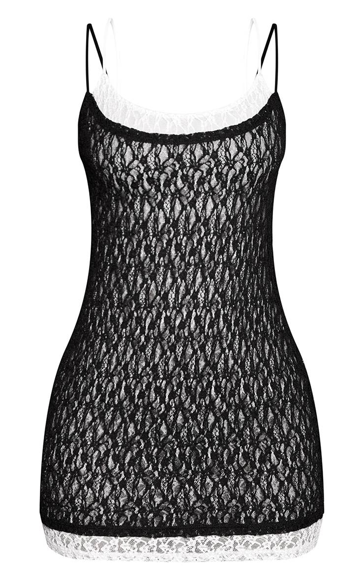 Noir Robe Mini En Dentelle À Double Couche Contrastée Petite