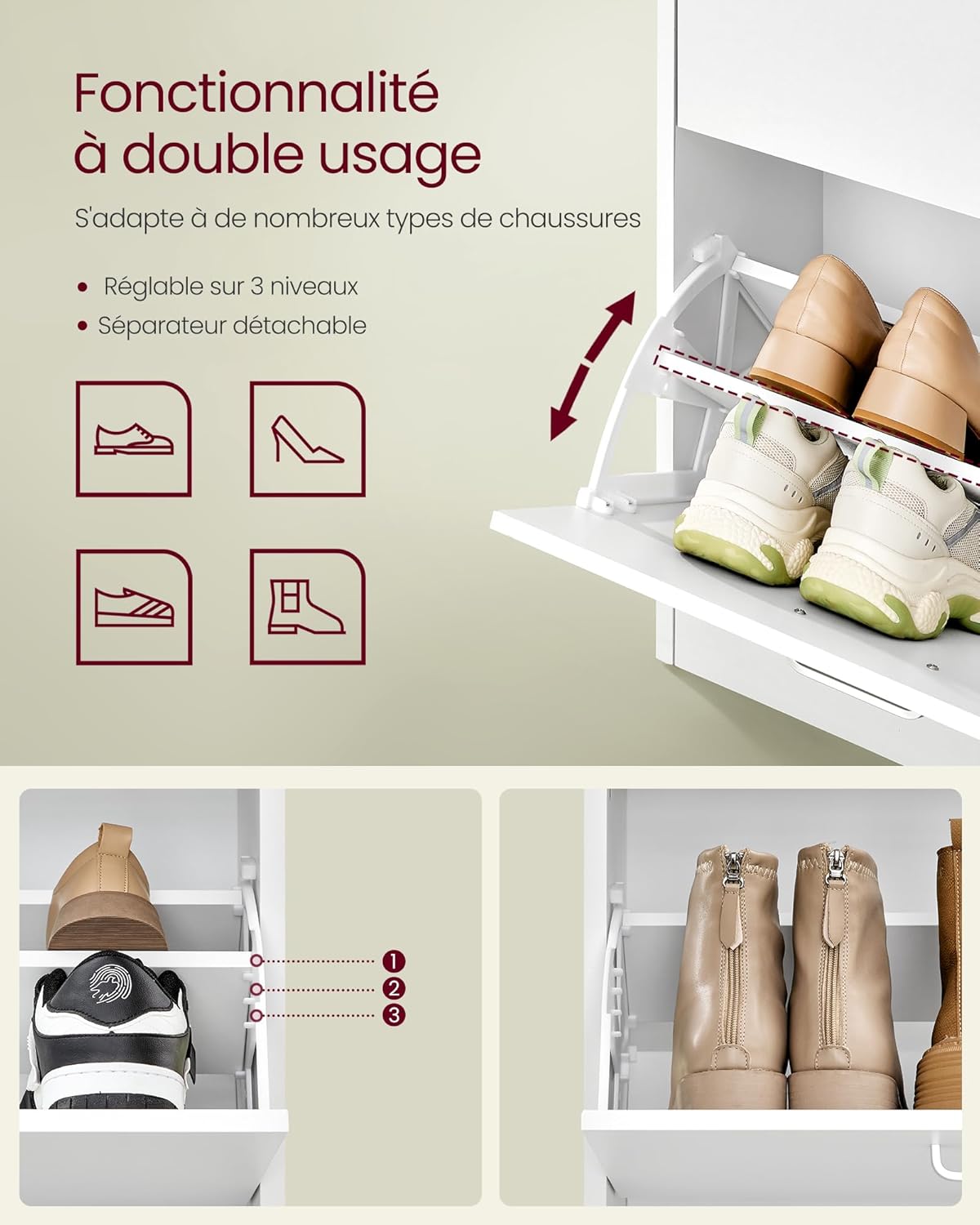VASAGLE Meuble à Chaussures 4 Portes Battantes, Étagère à Chaussures, Séparateur Réglable, pour 16 à 28 Paires de Chaussures, pour Entrée, 24 x 105,5 x 82,7 cm, Blanc Neige LBC035W01 LY4589093