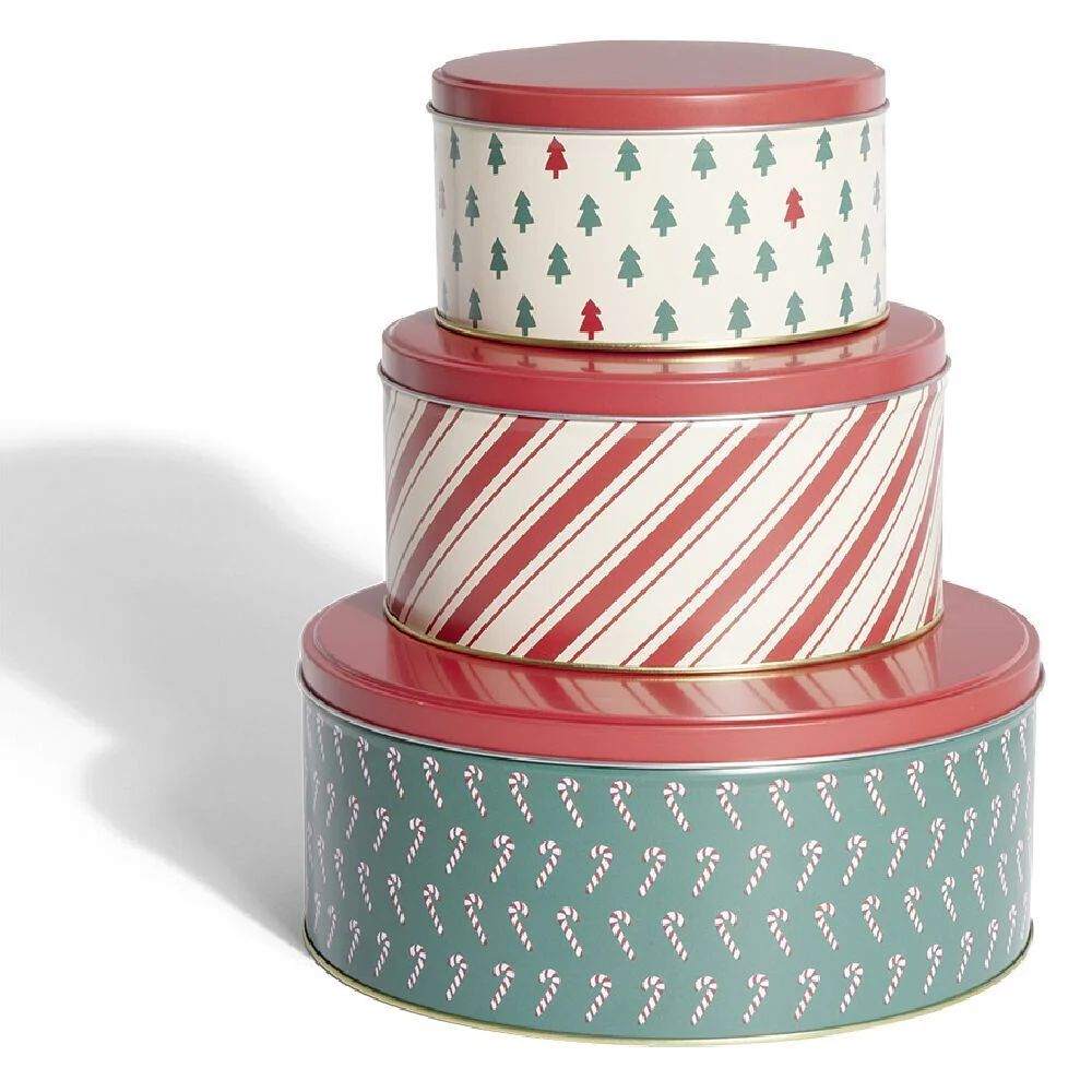 Boîte à biscuits de Noël ronde en métal rouge et vert x3