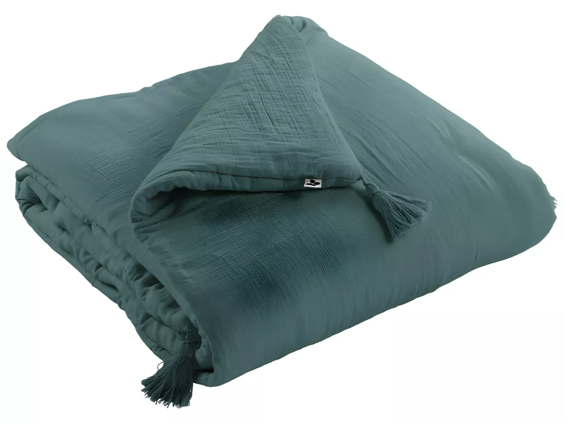 Édredon 90 x 200 cm gaze de coton bleu canard avec 4 pompons - PEPA