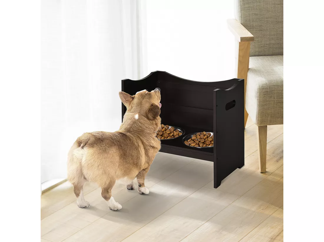 Gamelle double chien chat Porte-gamelles surélevé dim. 54L x 31l x 47H cm 2 gamelles acier inox. incluses MDF brun foncé