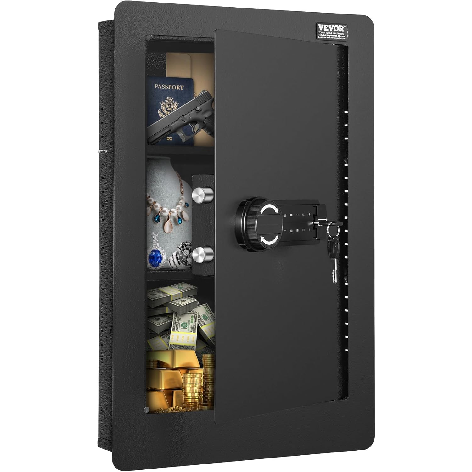 VEVOR 3-stufiger Waffentresor Wandtresor Safe, 3 herausnehmbaren Regalen 6 Schlüsselhaltern LED-Licht Vibrationsalarm, Tastenfeld und Schlüssel, für Langwaffe Pässe Schmuck Bargeld wichtige Dokumente