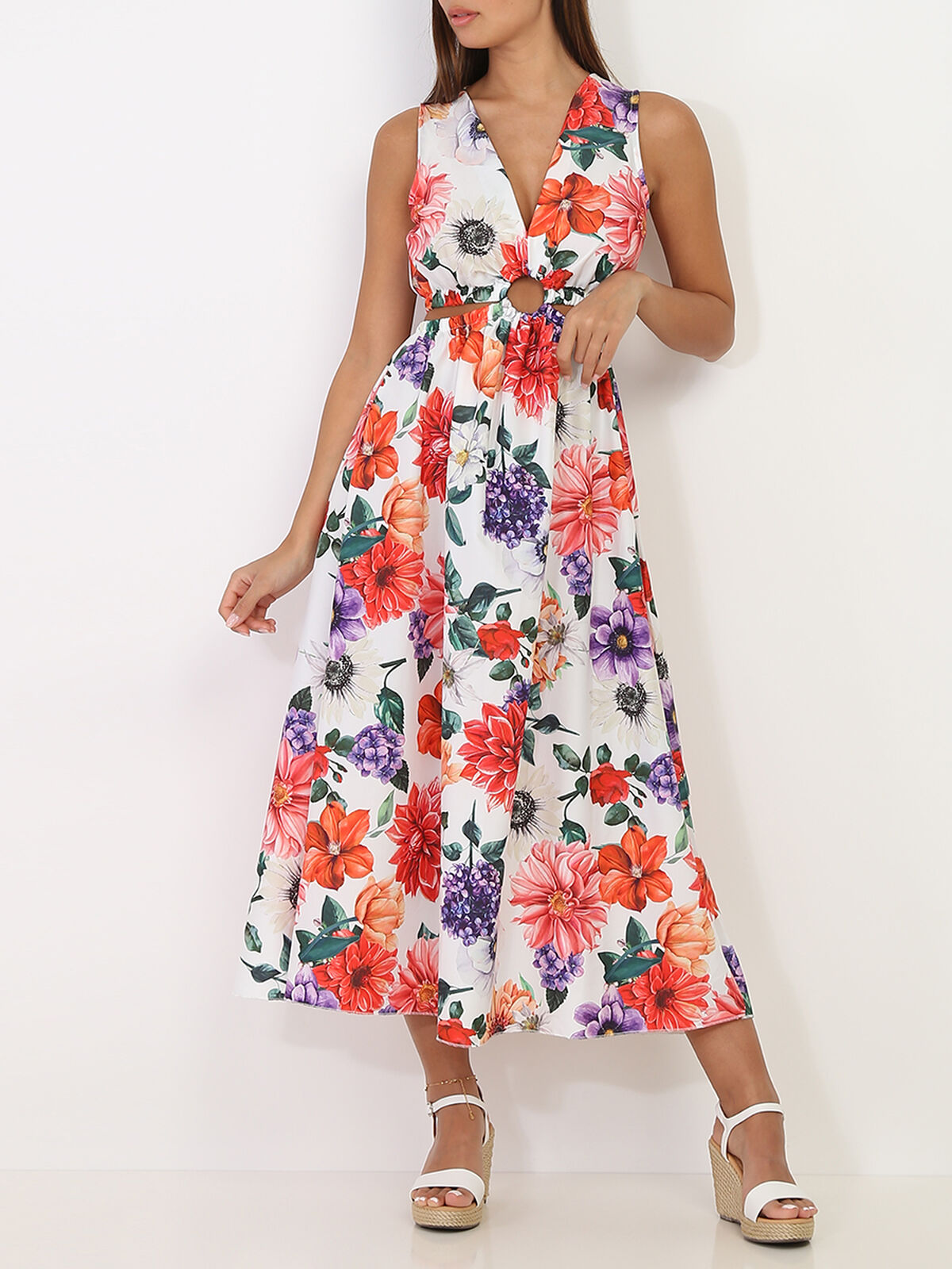 Robe longue blanche à fleurs avec anneau et découpes Blanc- Blanc