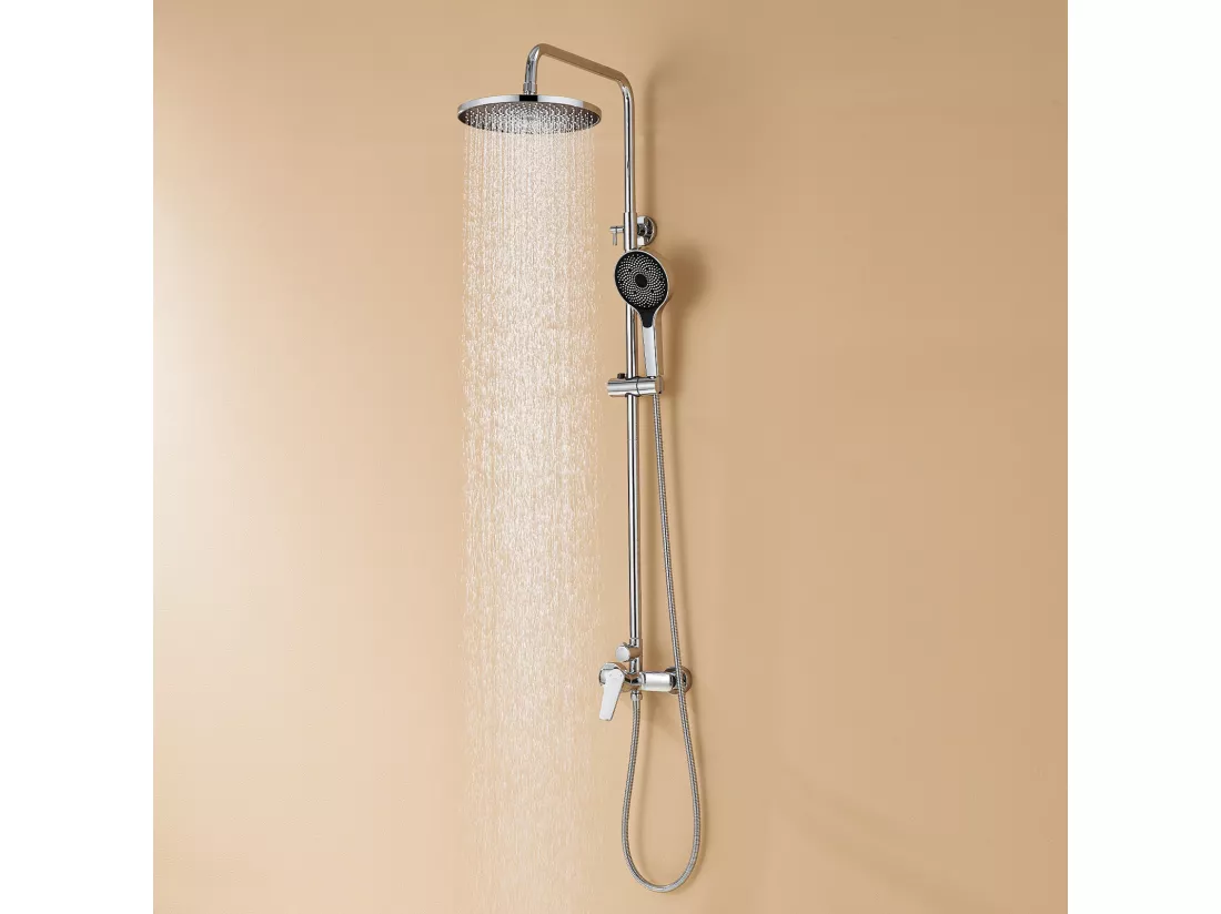 Colonne de Douche Chromé,avec Mitigeur,Réglable en Hauteur 103-139 cm,avec Douchette 3 Jets+60cm Porte-Serviettes Salle Bain Auto-adhésif/Perçage