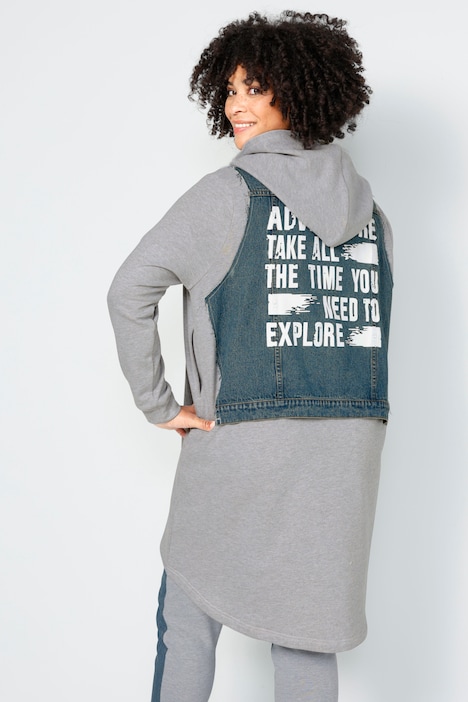 Long-Sweatjacke, oversized, Rücken-Jeansbesatz mit Print, Doppelzipper
