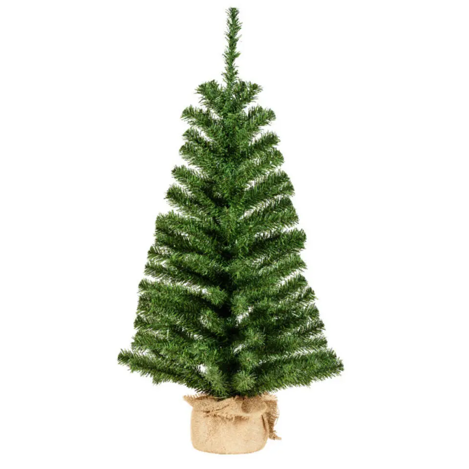 Bellatio Decorations Kunst kerstboom - groen - H90 cm - jute zak