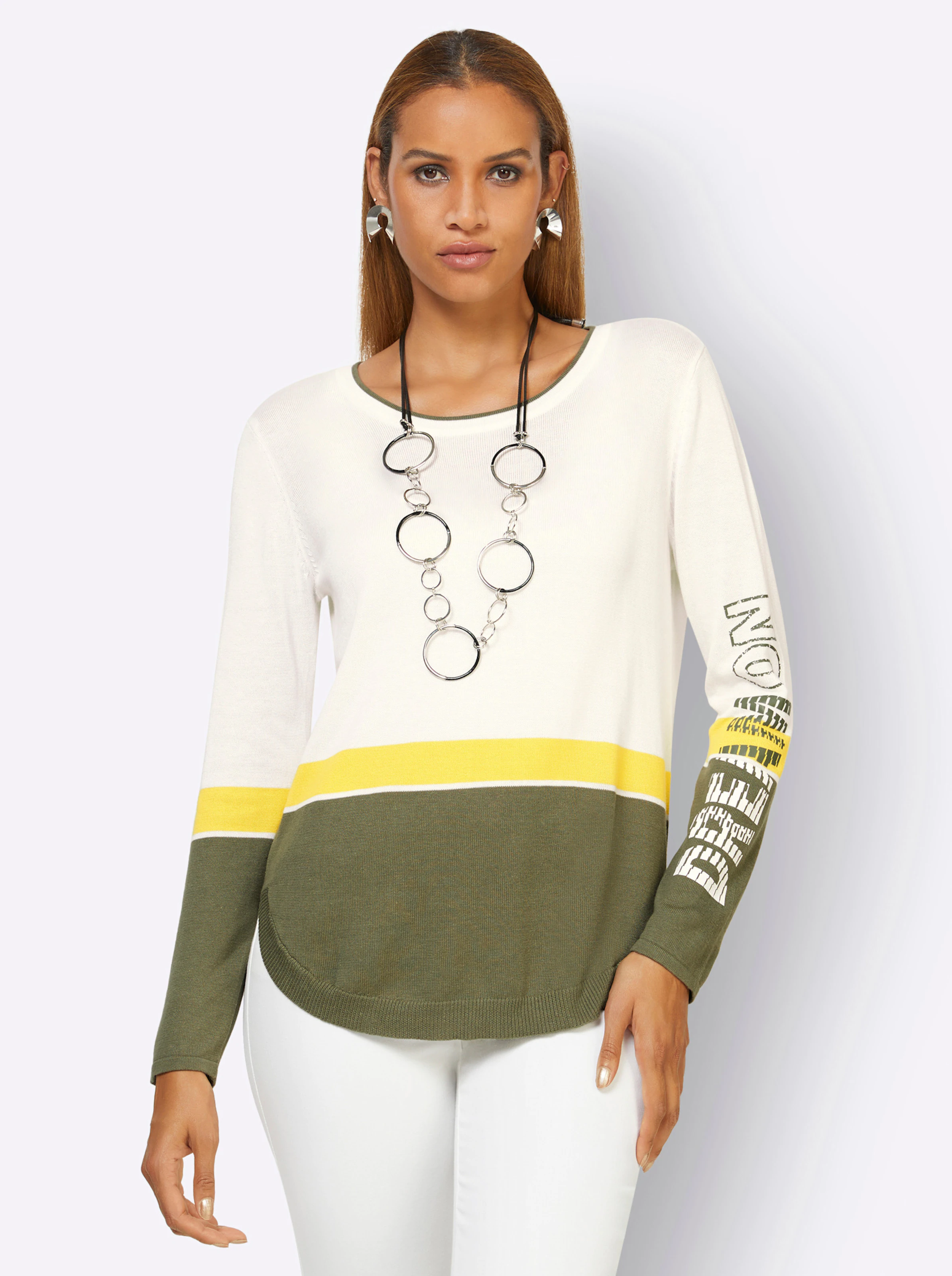 Longpullover in ecru-khaki-gemustert