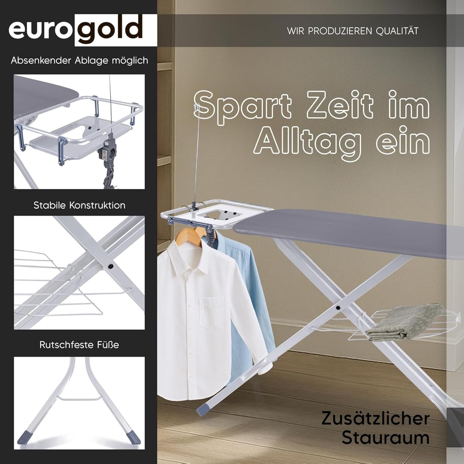 EUROGOLD Bügelbrett für Dampfbügelstation 130x48 cm – Bügelbrett XXL mit Steckdose, höhenverstellbarer Bügeltisch klappbar, mit Ärmelbrett & Bügeleisenablage, Oeko-TEX Baumwollbezug (Grey)
