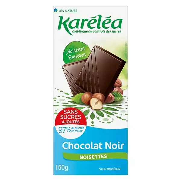 Barra de chocolate amargo com avelãs Karéléa Chocolate sem adição de açúcar, 150g