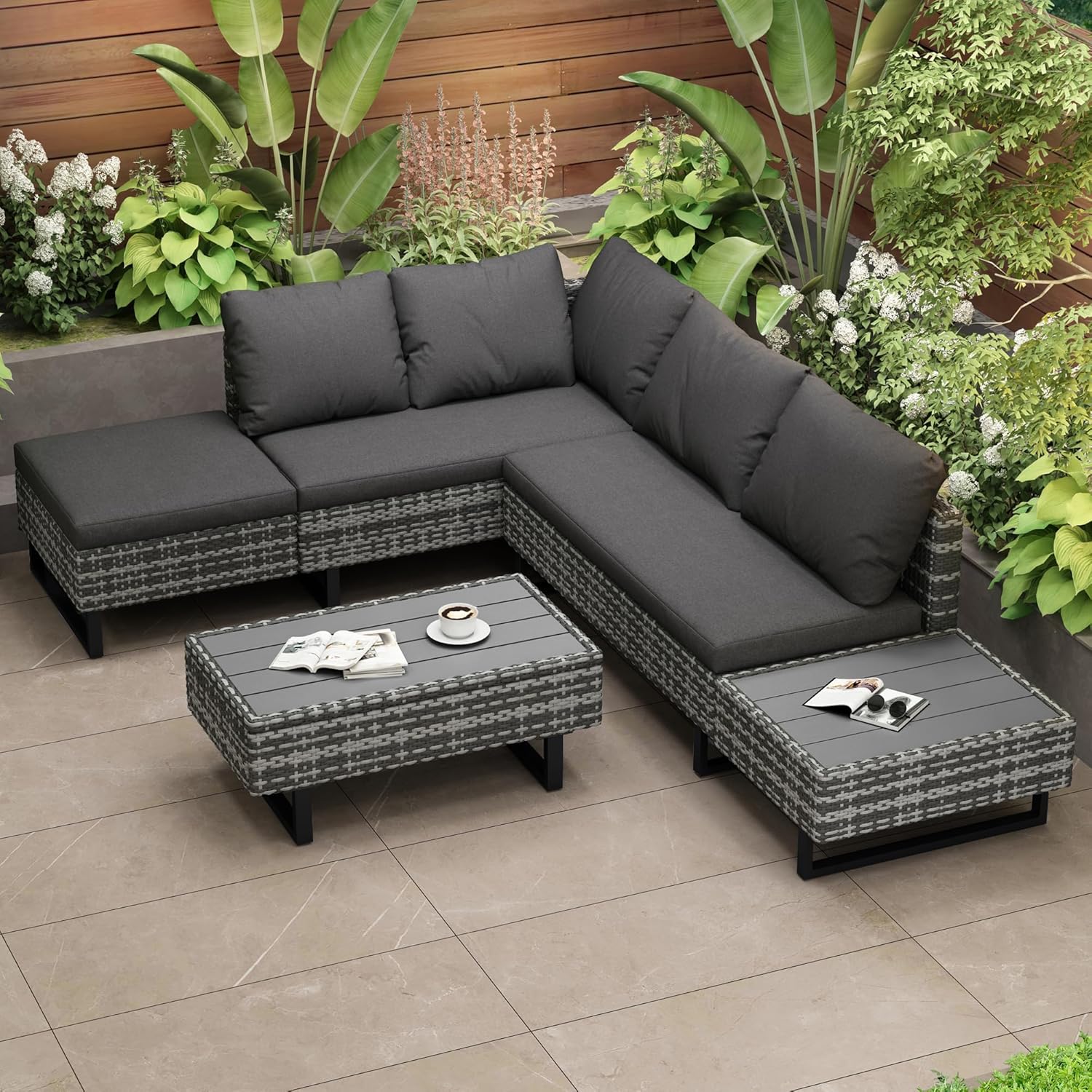 Merax Rattan Gartenmöbel Set mit 4–5 Sitzplätze, Outdoor Balkonmöbel, mit Liegefunktion und Kunststoffplatte Couchtisch, Terrassenmöbel mit Kissen für Balkon Terrasse, Gartenlounge Set, Grau