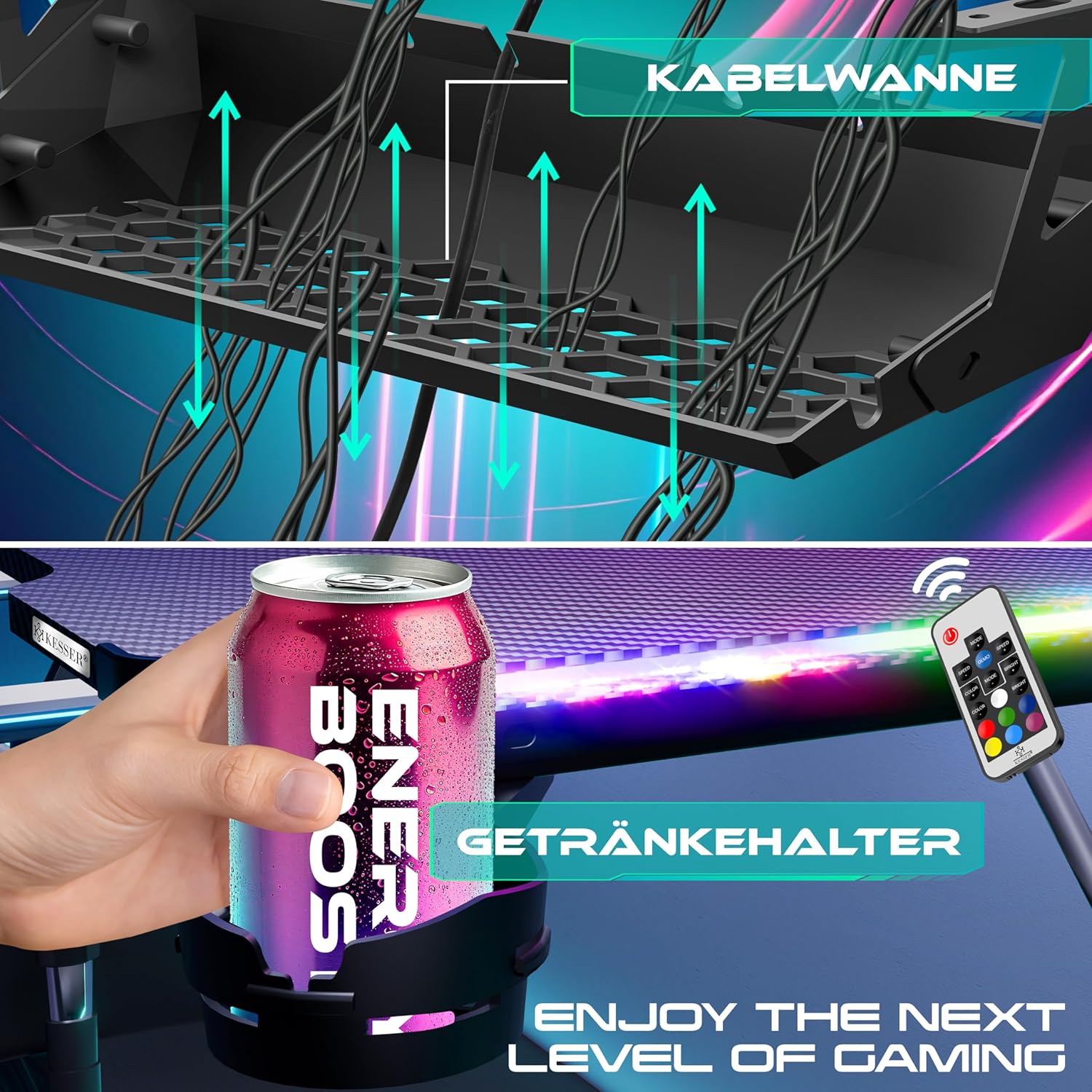 KESSER® Gaming Tisch LED 160cm x 60cm | Z-Form Gamer Schreibtisch | Kopfhörerhaken & Kohlebeschichtung | Ergonomischer PC Computertisch | Stabiler Tisch mit Getränkehalter Schwarz