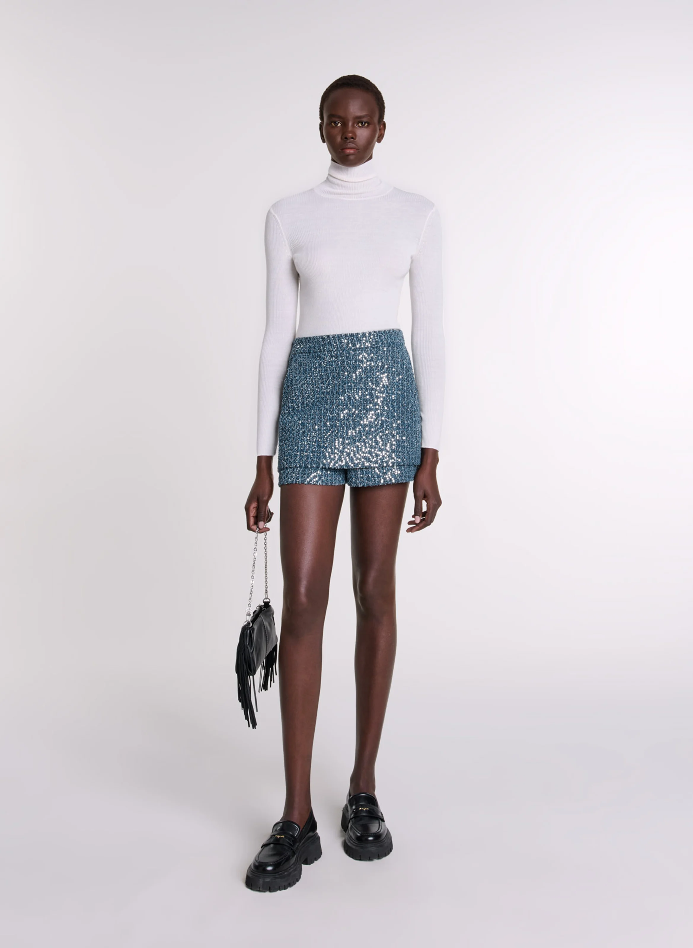 Short taille haute droit en tweed | Bleu