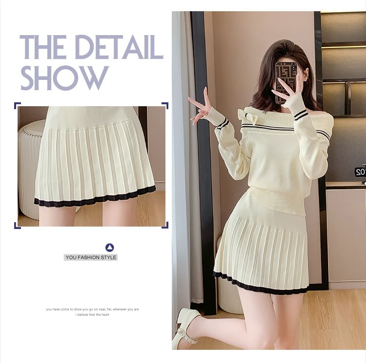 Odestra - Set: Off-Shoulder gestreepte striktrui + High Waist geplooide mini A-lijn rok