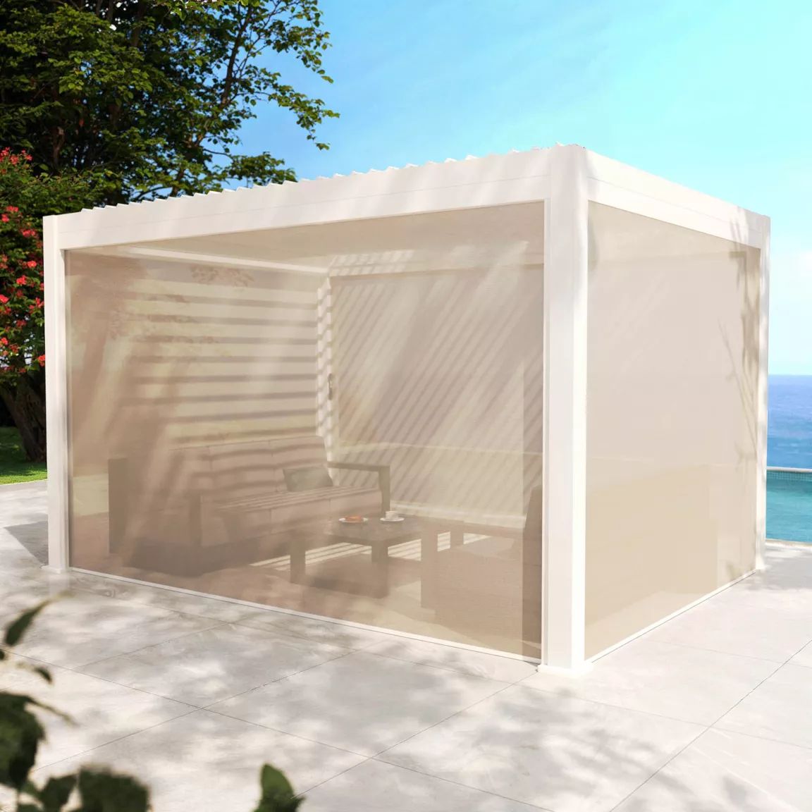 Lot de 4 rideaux motorisés pour pergola bioclimatique autoportée (3 x 4 m) Blanc