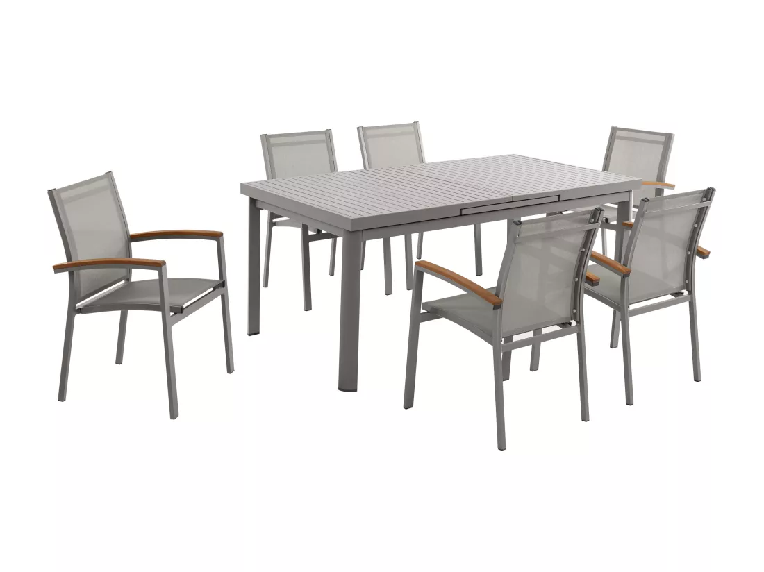 Salle à manger de jardin en aluminium : une table extensible L.180/240cm et 6 fauteuils empilables avec accoudoirs acacia - Taupe - NAURU de MYLIA