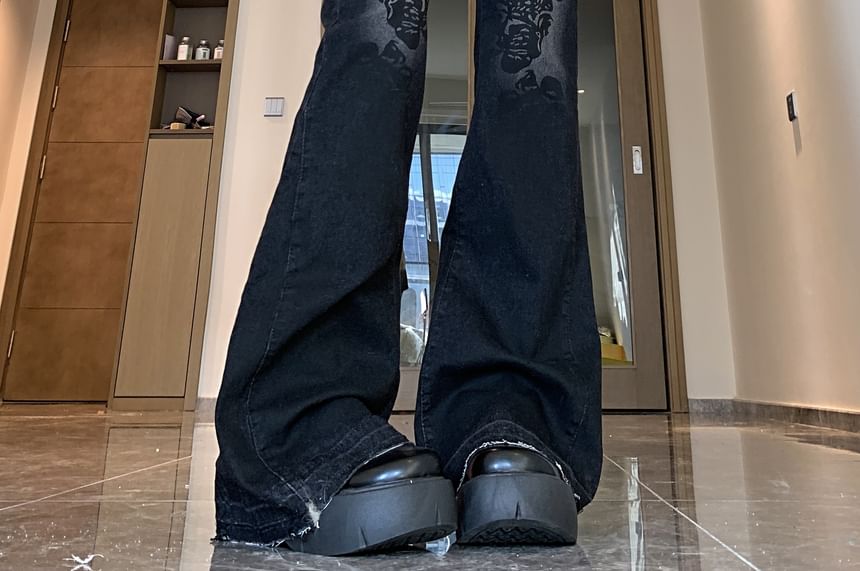 Porstina - Mid Rise Floral Washed Bootcut Jeans