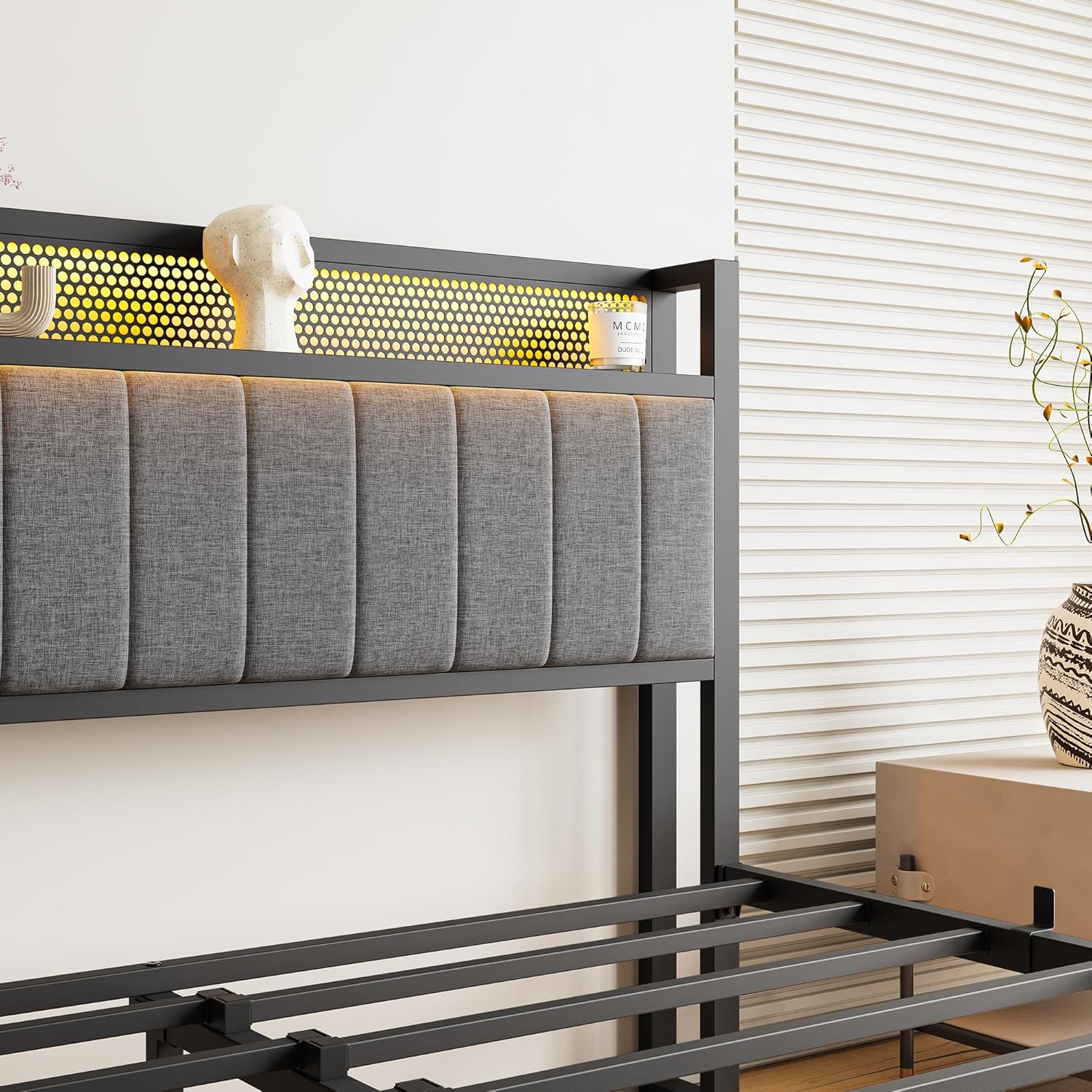 Polsterbett 160x200 mit Lattenrost aus Metall,Bettrahmen Metallbett Bettgestell 160x200 mit LED Beleuchtung,Ladestation,Doppelbett Gästebett Jugendbett,für Schlafzimmer Gästezimmer,Grau