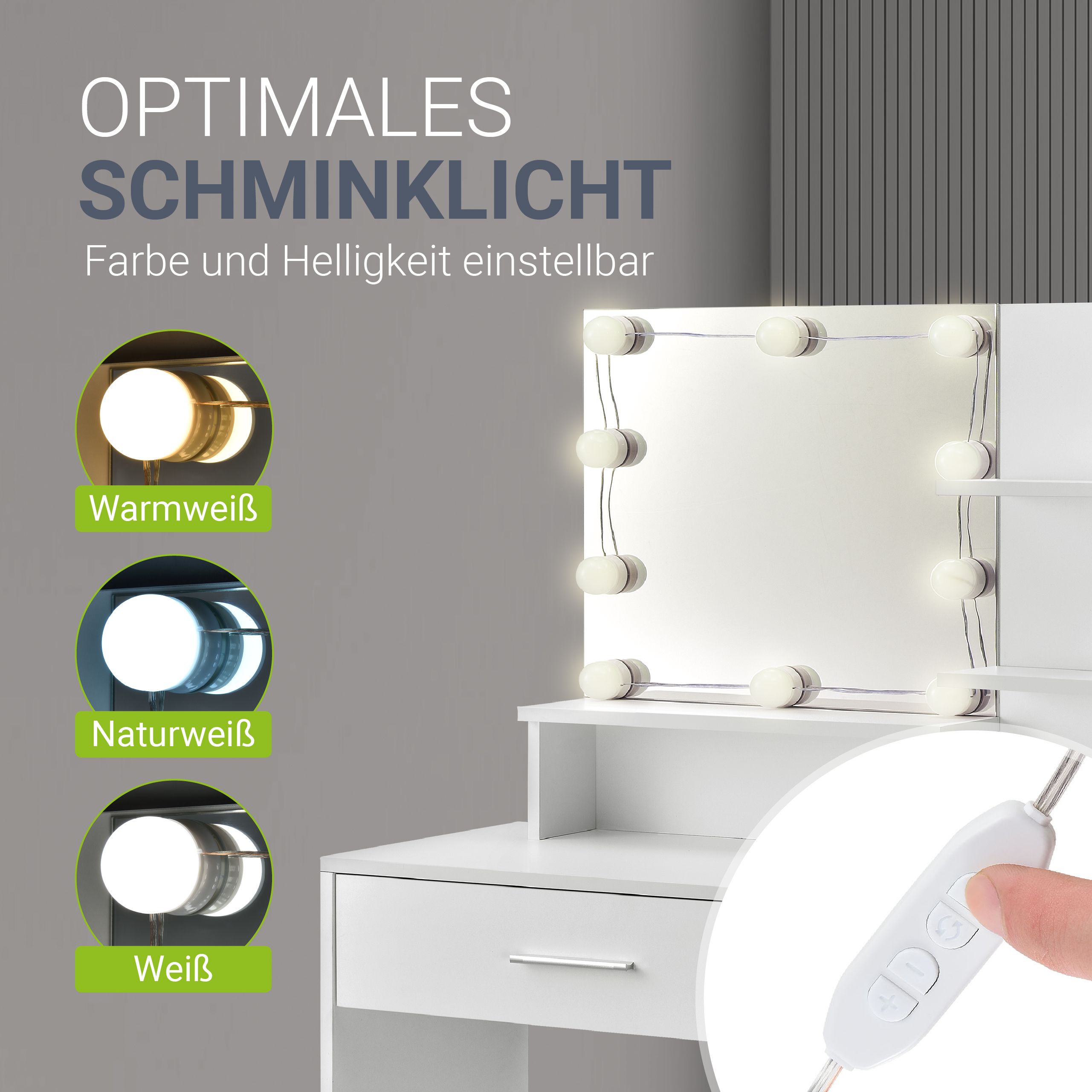 Juskys Schminktisch Zoey Weiß – Frisiertisch mit LED-Beleuchtung, Spiegel, Schublade & Schrank